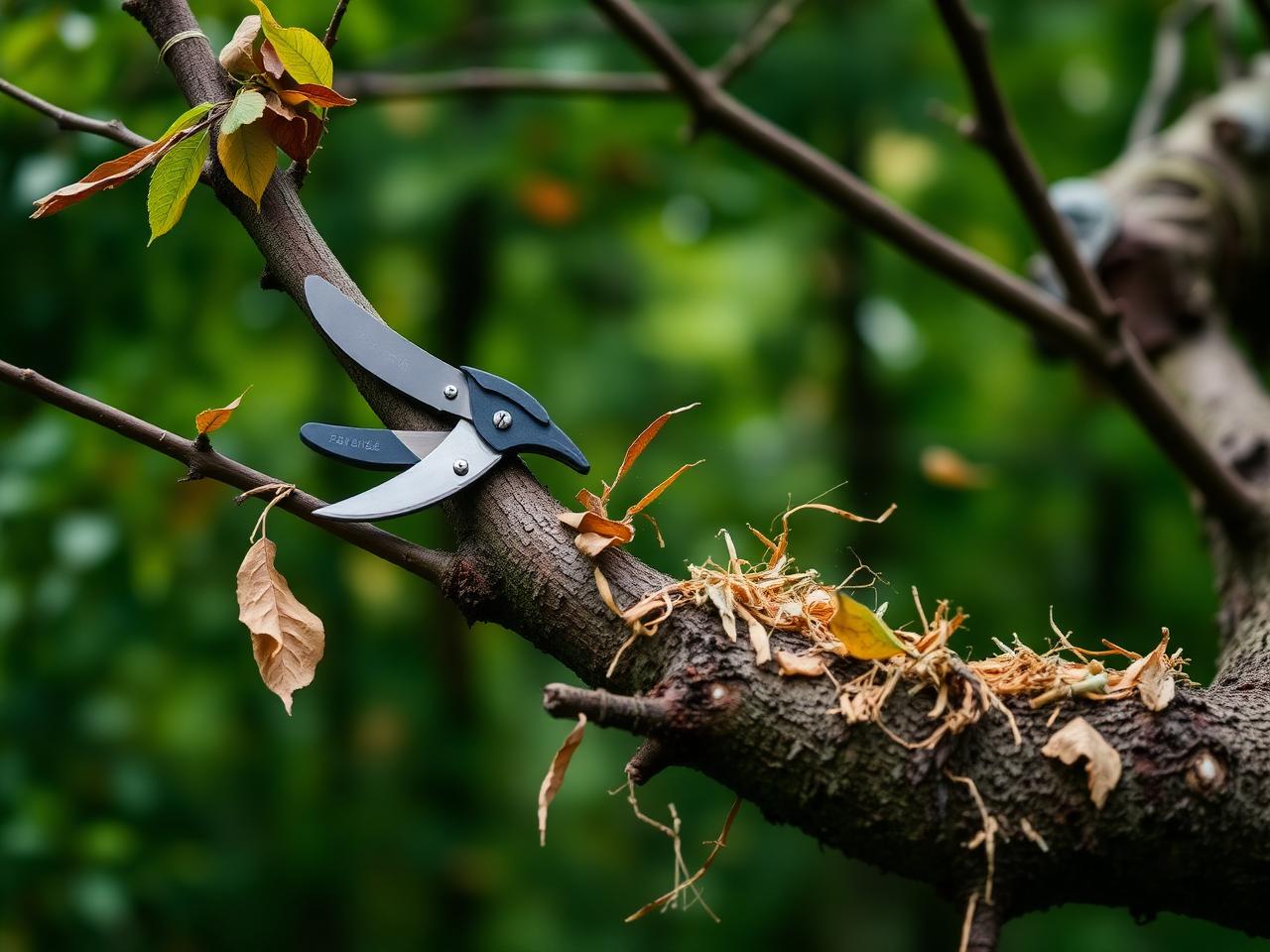 Hand pruners shaping a tree branch